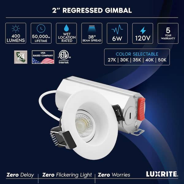 2 in. Integrated LED Regressed Gimbal LED Light, 5CCT, 6W, 400LM, 360º + 30º Rotation, Dimmable, IC Rated, ETL Listed