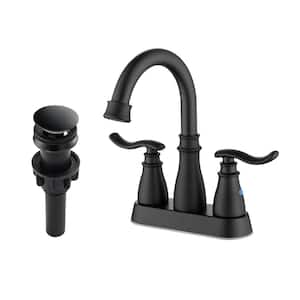4 in. Centerset Double Handle Deck Mounted Bathroom Faucet with Drain Kit Included in Matte Black