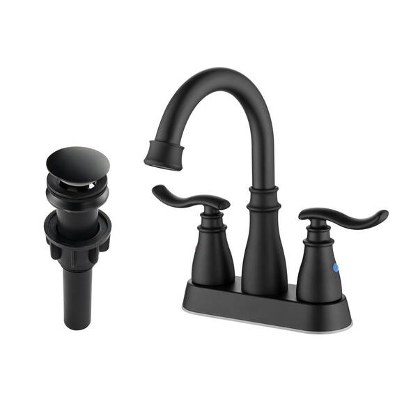 Tomfaucet 4 in. Centerset Double Handle Deck Mounted Bathroom Faucet with Drain Kit Included in Matte Black