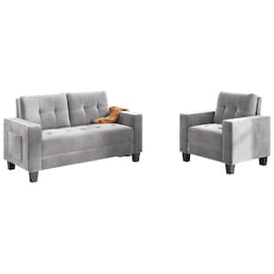 60.4 in. W Square Arm Velvet Modern Straight Tufted Sofa 1-2-Seat in Gray