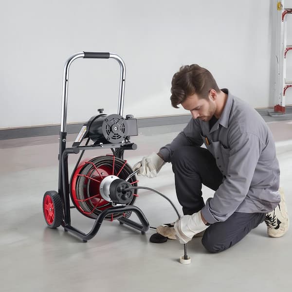 Drain Cleaner Machine 100 ft. x 1/2 in., Auto Feed Sewer Snake Auger on Wheels, 8-Cutters and Air-Activated Foot Switch
