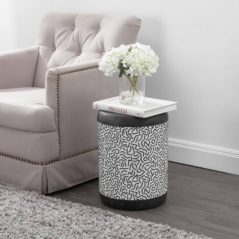 Indi 17.75" Black and White Concrete Geometric Drum Outdoor Accent Table