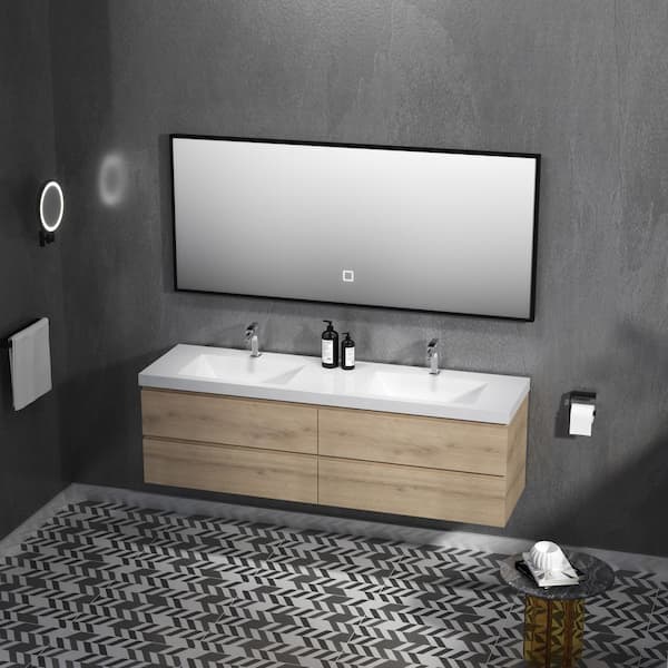 Angela 72 in. W x 18.7 in. D x 20.5 in. H Wall Mounted Floating Vanity Sink Set in Natural Oak with Glossy White Top