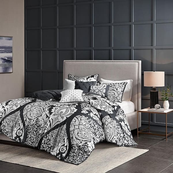 Afoxsos Black and White Damask Pattern Printed Cotton and Polyester Duvet Cover Queen Set, (6-Pack)