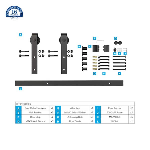 78 in. Black Solid Steel Sliding Rolling Barn Door Hardware Kit for Single Wood Doors with Routed Floor Guide