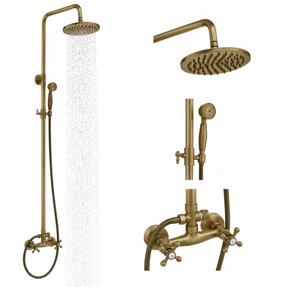 2-Spray Outdoor Wall Bar Shower Kit 8 in. Round Rain Shower Head with Hand Shower and 2 Cross Knobs in Antique Brass price history on PriceWatchPro