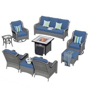 Oreille Gray 9-Piece Wicker Outdoor Firepit Patio Conversation Sofa Set with Swivel Rockers and Denim Blue Cushions
