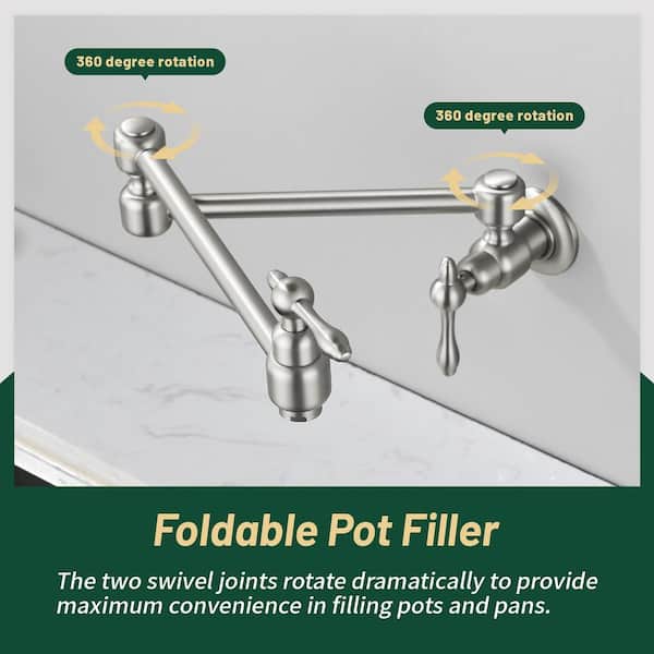 Wall Mounted Folding Pot Filler with Double-Handle Brass Stretchable Kitchen Sink Faucet in Brushed Nickel