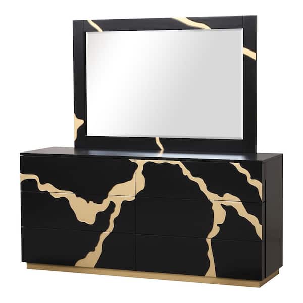 Rove Black 6-Drawer 66 in. Dresser with Mirror and Gold-Painted Pattern