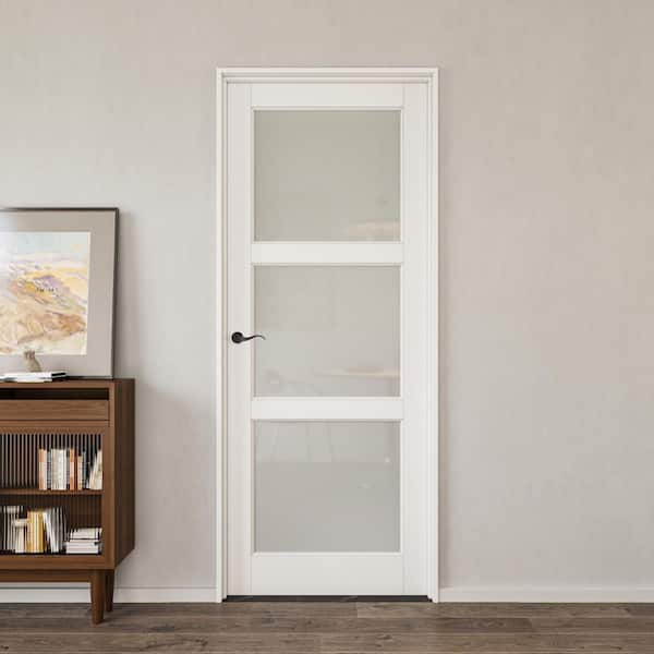 30 in. x 80 in. 3-Lite Frosted Glass Right White Solid Core Glass Single Prehung Interior Door with Quick Assemble Jamb