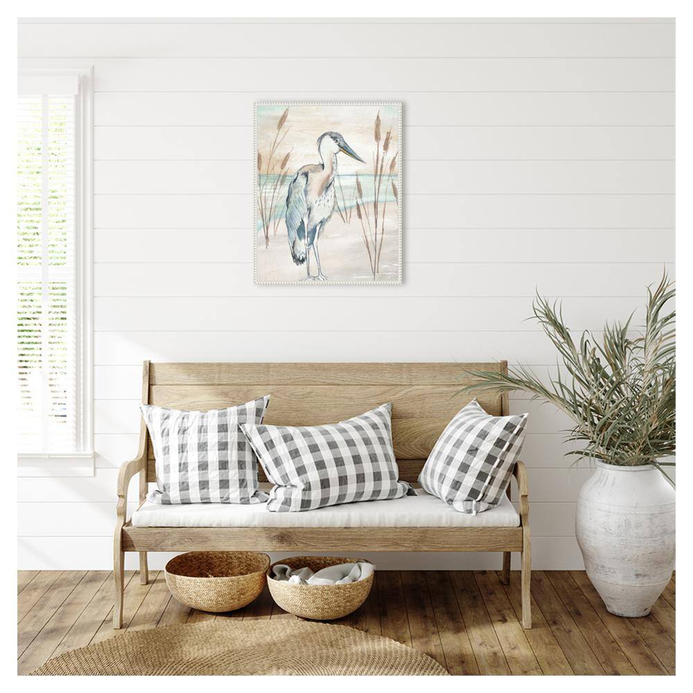 Heron by Beach Grass Nautical Canvas Framed Wall Art