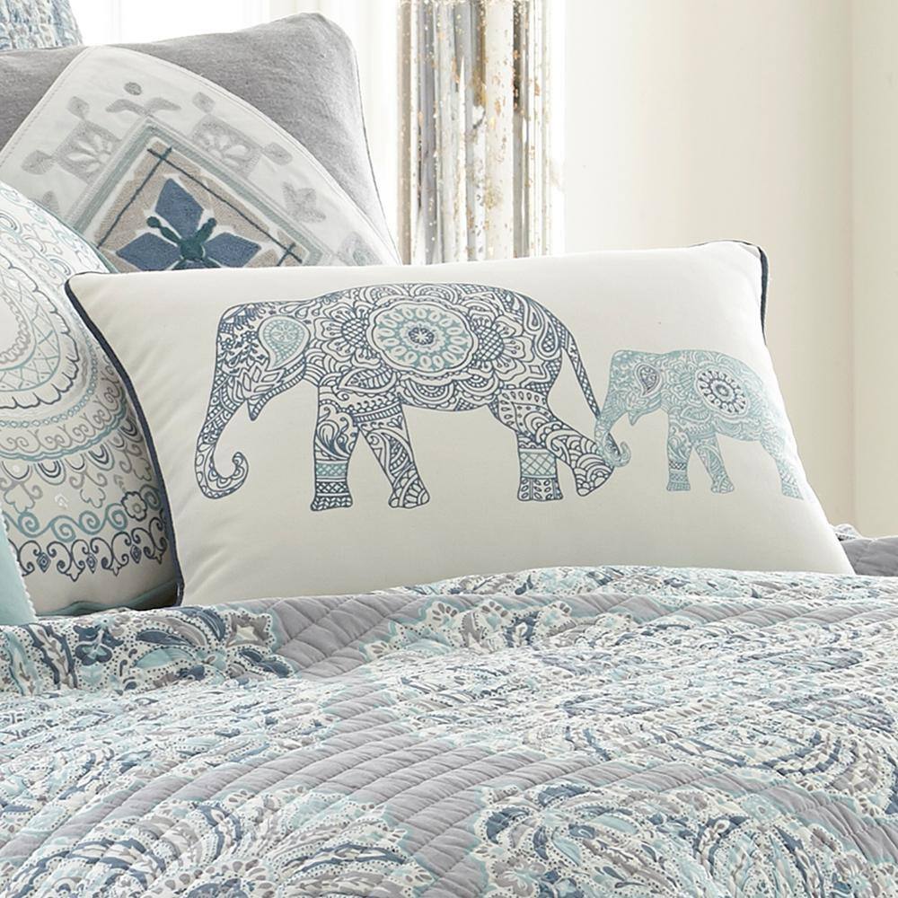 White and Blue Cotton Elephant Pattern Rectangular Throw Pillow