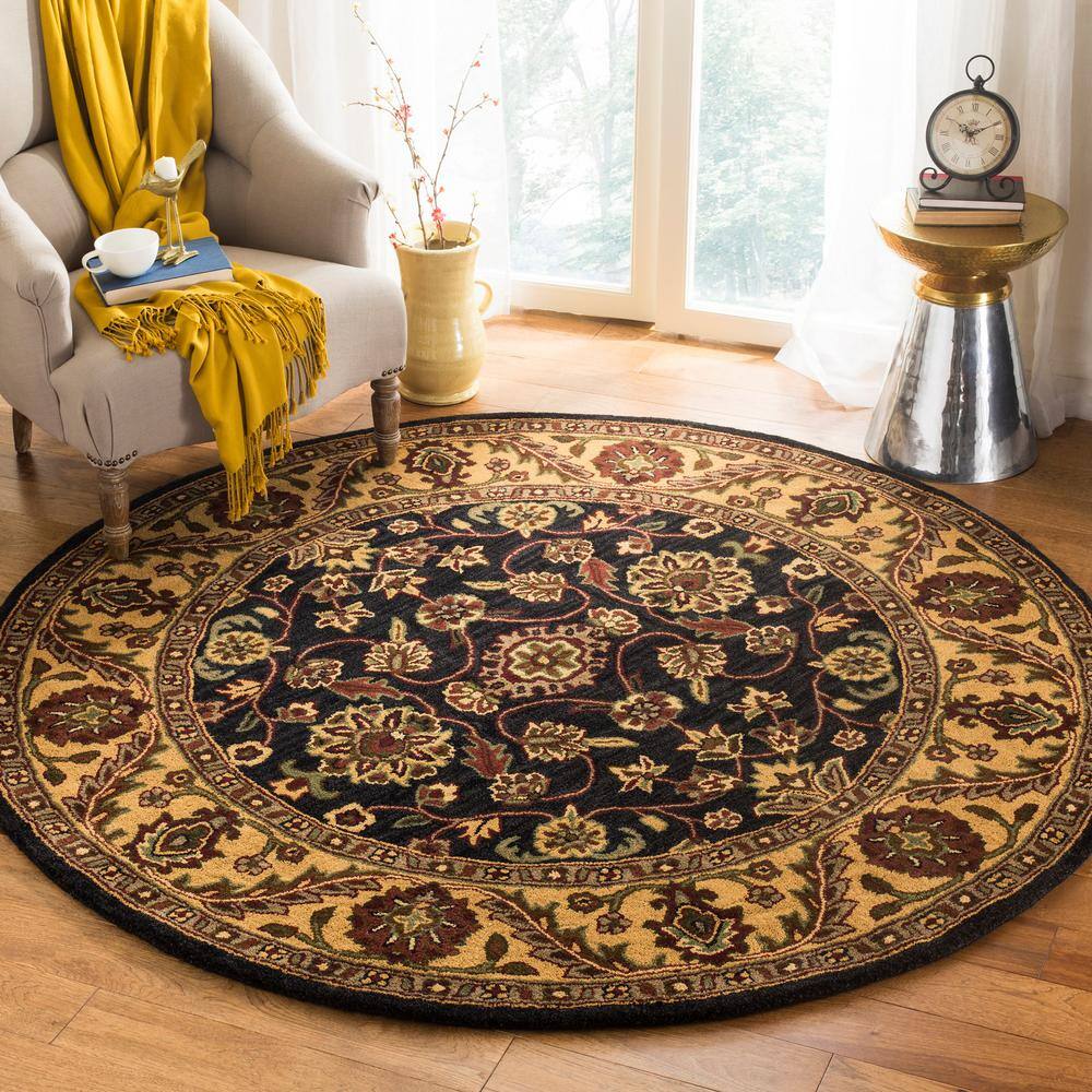 Elegant Victorian Floral 6' Round Black and Gold Wool Rug