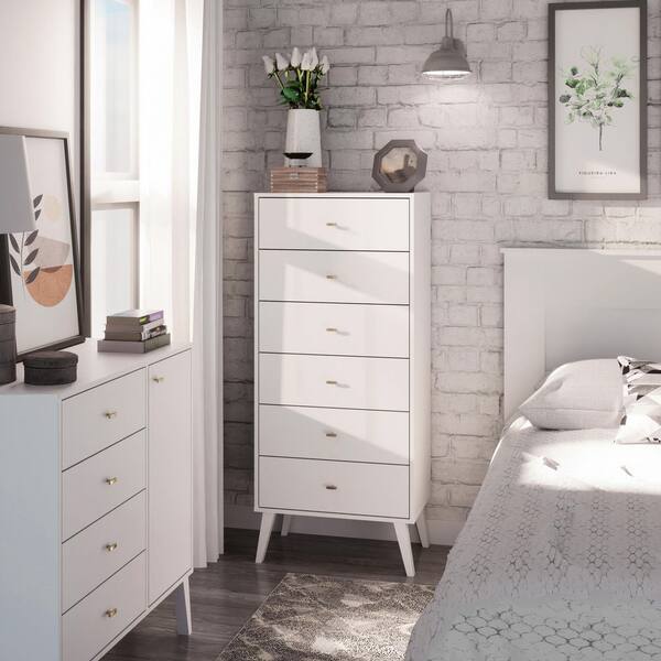 Milo Mid Century White 6-Drawer Dresser 25 in. Chest of