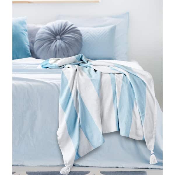 Unbranded Cabana Corydalis 50 in. x 60 in. Blue/White Striped Tassels All Natural Cotton Throw Blanket