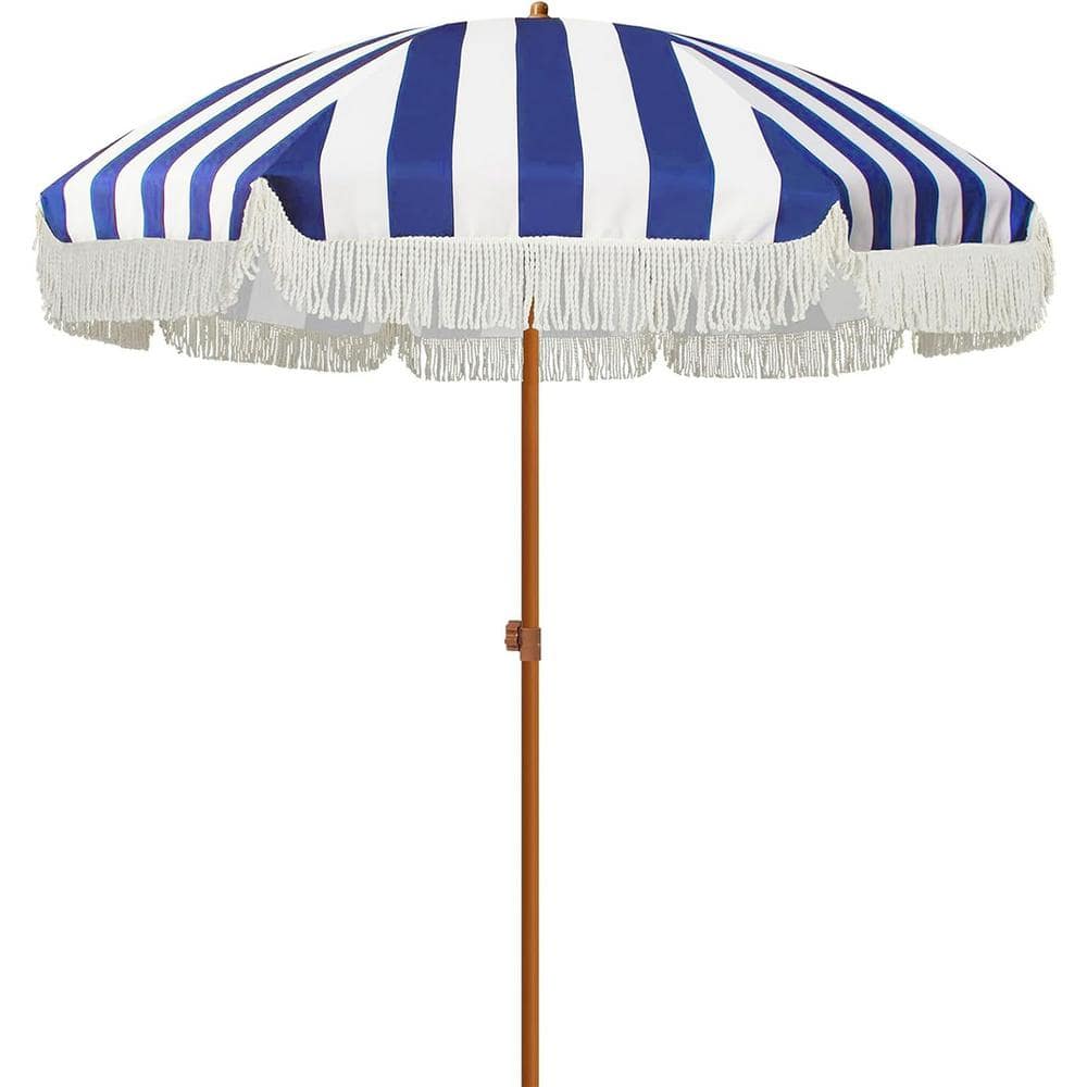 7 ft. Steel Pole Market Push-Button Tilt Patio Umbrella in Navy Stripe