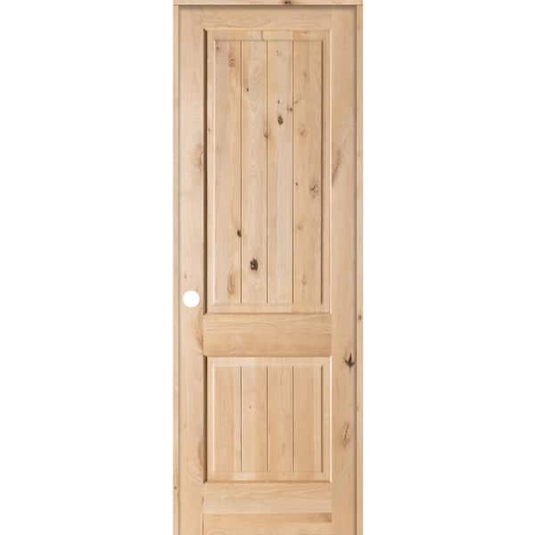 Krosswood Doors 32 in. x 96 in. Knotty Alder 2 Panel Square Top V-Groove Solid Wood Right-Hand Single Prehung Interior Door