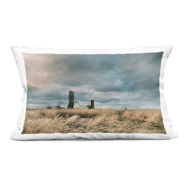 Cloudy Farmland with Barn Blue Print Zipper Polyester 14 in. X 20 in. Throw Pillow
