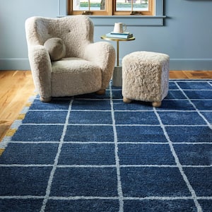 Emily Henderson Fountain Checked Wool Blue 8 ft. x 10 ft. Indoor/Outdoor Patio Rug