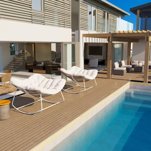 Cesicia Metal Outdoor Rocking Chair White Frame with White Cushion Water-Resistant For Backyard, Patio, Poolside