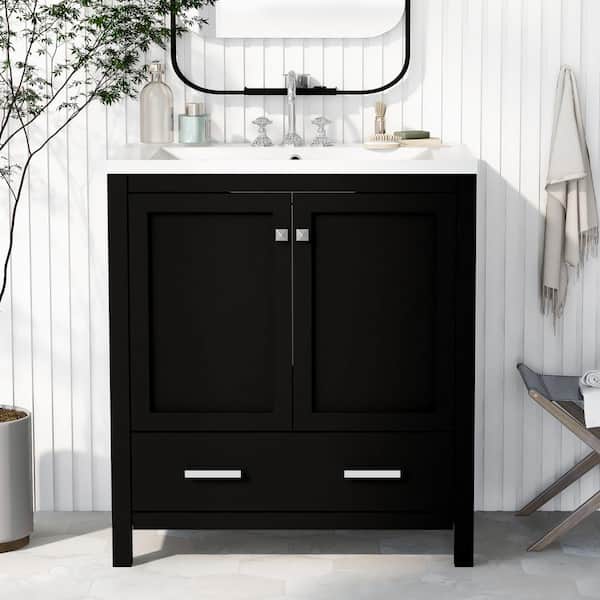 Zeus & Ruta 30 in. W x 18 in. D x 34 in. H Freestanding Bath Vanity in Black with White Resin Top with 2 Doors and a Drawer