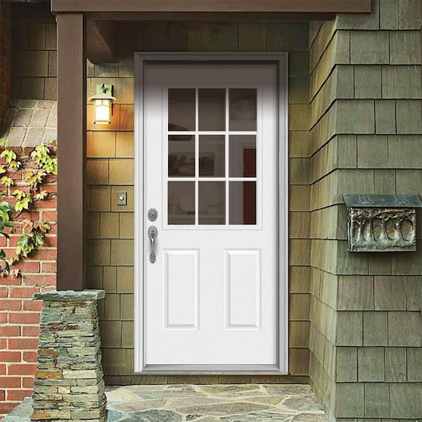 30 in. x 80 in. 9 Lite White Painted Steel Prehung Right-Hand Inswing Entry Door w/Brickmould