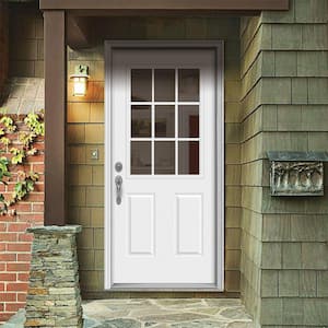 34 in. x 80 in. 9 Lite White Painted Steel Prehung Right-Hand Inswing Entry Door w/Brickmould
