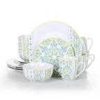 16-Piece White With Green Pattern Dinnerware Set Plates and Bowls Coffee Mugs(Service for 4)
