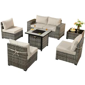 Metis 7-Piece Wicker Outdoor Patio Fire Pit Conversation Sectional Sofa Set and with Beige Cushions