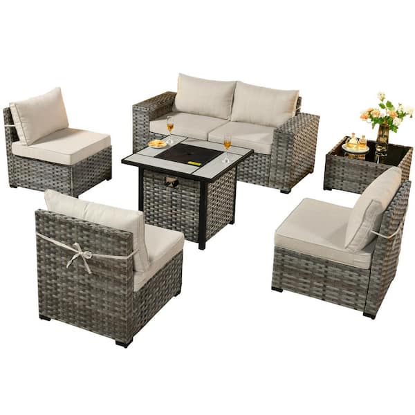 Metis 7-Piece Wicker Outdoor Patio Fire Pit Conversation Sectional Sofa Set and with Beige Cushions