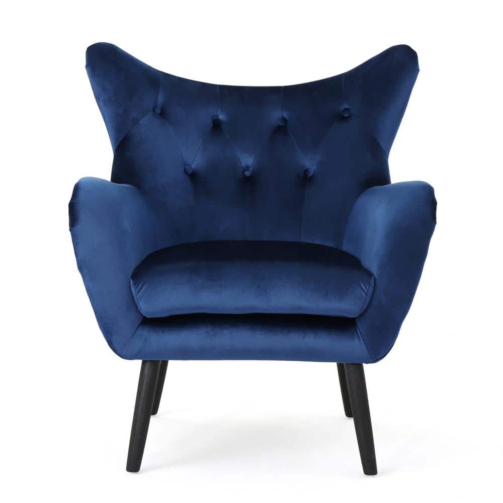 Handcrafted Navy Spot Velvet Wood Accent Chair with Slope Arm
