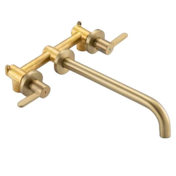 Lukvuzo Brass Double Handle Wall Mounted Bath Roman Tub Faucet with Waterfall Extra Long Spout in Brushed Gold