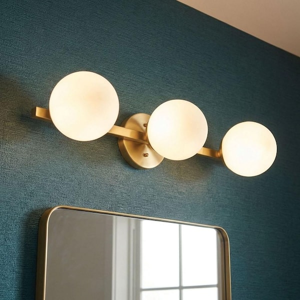 Adale 23 in. 3-Light Antique Brass Vanity Light with Etched Opal Glass Shades