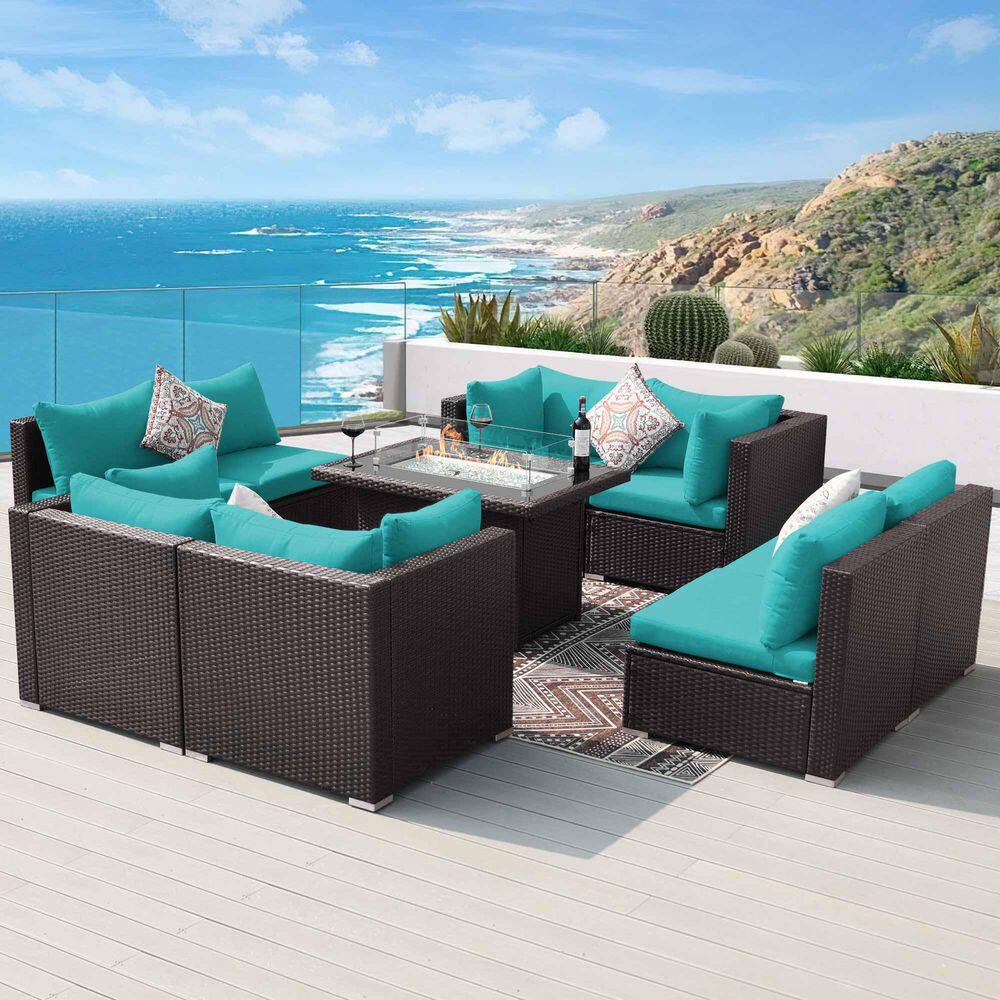 9-Pieces Brown Wicker Outdoor Sectionals Patio Furniture Set Conversation S