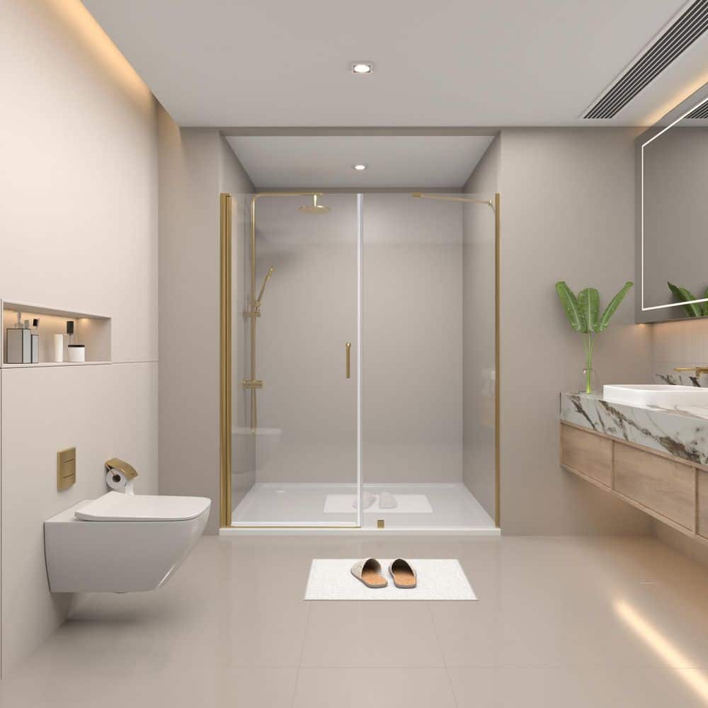 60 in. W x 72 in. H Semi-Frameless Pivot Shower Door in Brush Gold Finish with Clear Glass price history on PriceWatchPro
