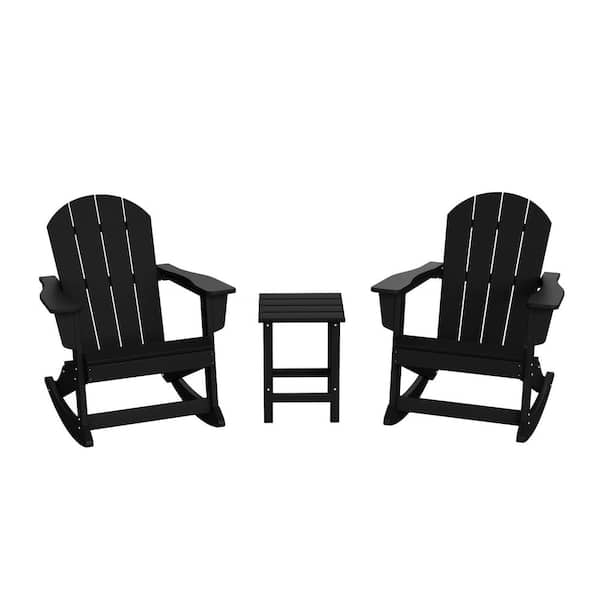 Laguna 3-Piece Fade Resistant Outdoor Patio HDPE Poly Plastic Adirondack Rocking Chairs and Side Table Set, Black