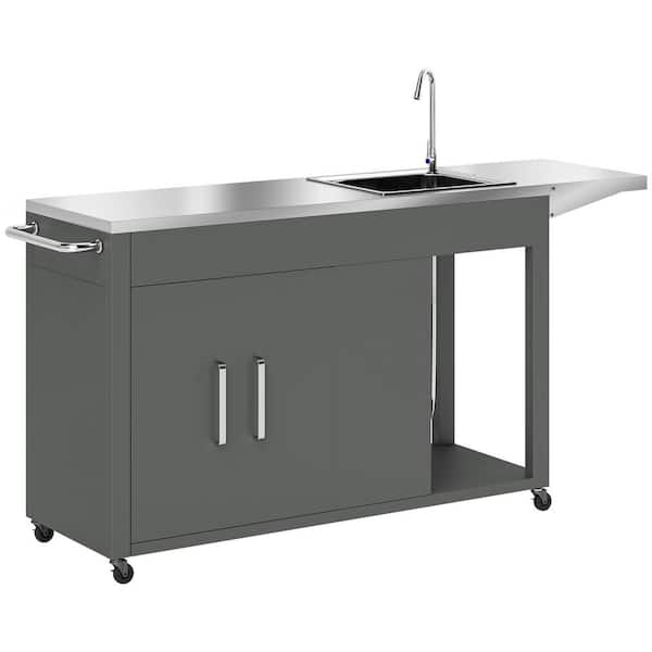 Dark Gray Outdoor Grill Table with Stainless Steel Sink and Drainage, Grill Cart with Foldable Side Table and Cabinet
