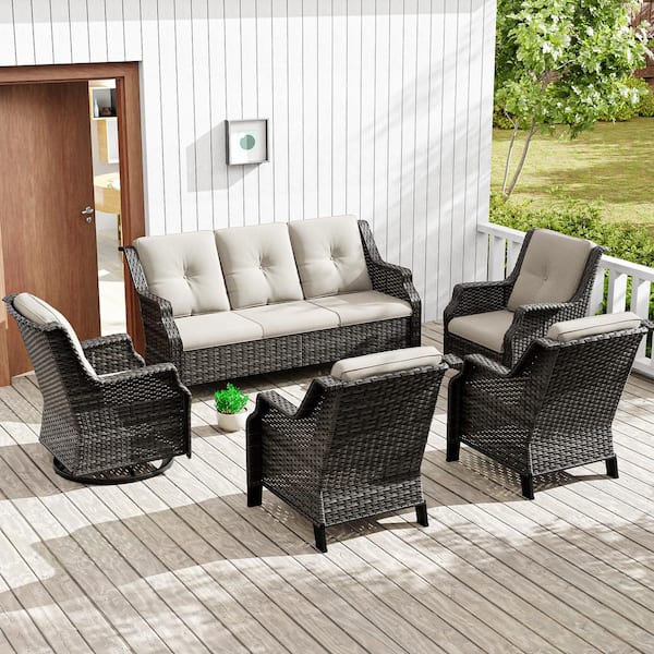 JOYSIDE 5-Piece Wicker Outdoor Sectional Set Sofa and Lounge Chairs Patio Conversation Set with Beige Cushions