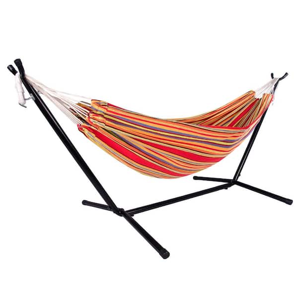 Wildaven 10 ft. Double Cotton Hammock Bed with Space Saving Steel Stand for Indoor Outdoor
