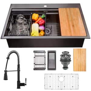 All-in-One Matte Black Finished Stainless Steel 32 in. x 22 in. Single Bowl Drop-in Kitchen Sink with Spring Neck Faucet
