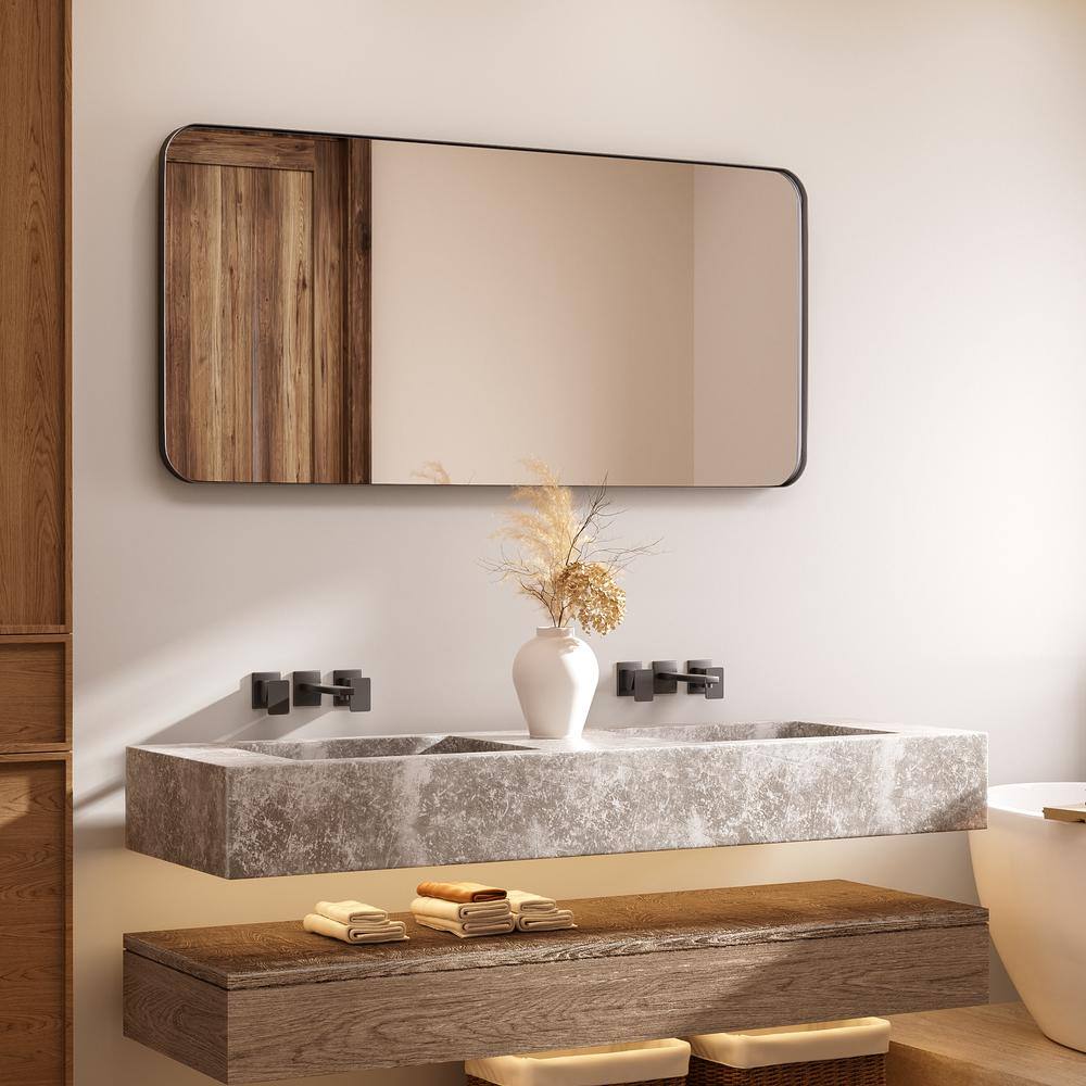 60 in. W x 28 in. H Tempered Glass Rectangular Framed Wall-Mounted Bathroom Vanity Mirror in Black price history on PriceWatchPro