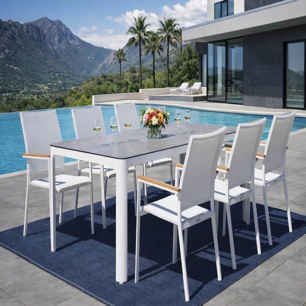 Como 7-Piece White Aluminum Outdoor Dining Set with Stackable Chairs, 39.5 in. x 87 in. Light Grey Ceramic Top Table price history on PriceWatchPro