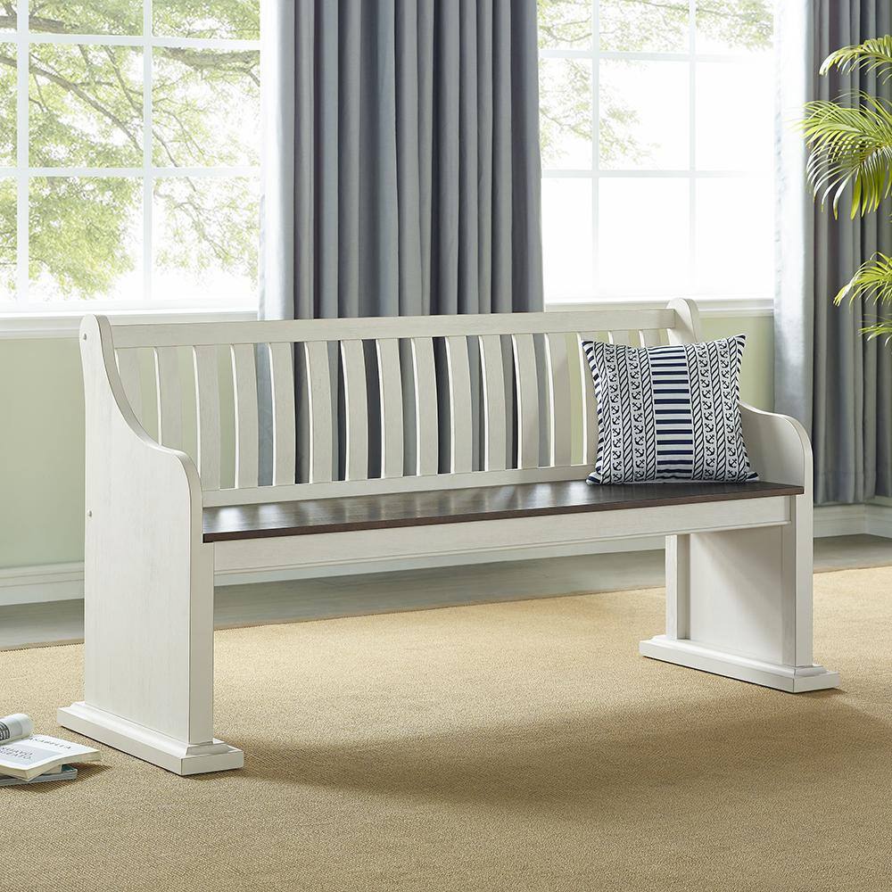 Joanna Two-Tone Dark Oak and Ivory High-Back Farmhouse Bench
