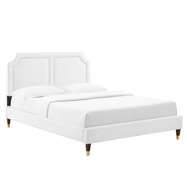 MODWAY Novi White Performance Velvet Frame Twin Platform Bed with Victorian Style Padded headboard