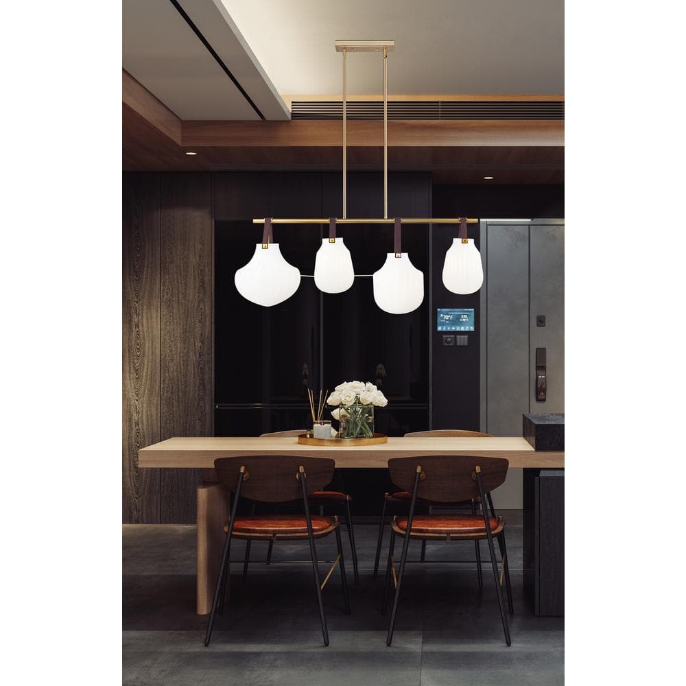 Modern Gold 4-Light Linear Chandelier with Glass Shades
