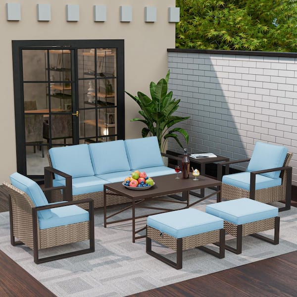 7-Piece Wicker Outdoor Patio Conversation Sofa Set with Light Blue Cushions, Ottomans and Side Table