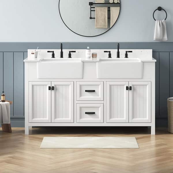 Richfield 61 in. Double Sink Freestanding White Bath Vanity with White Engineered Stone Top and Backsplash Assembled