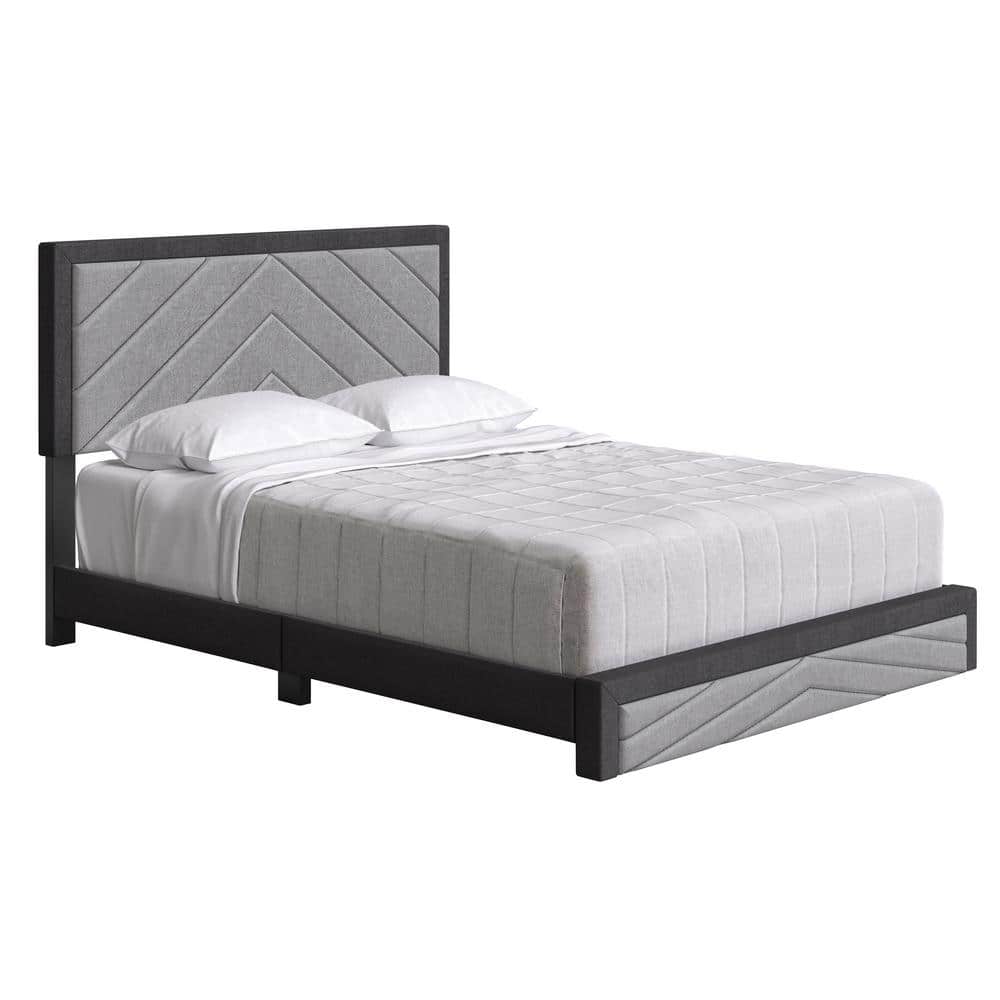 Gray Linen Upholstered Queen Platform Bed with Tufted Headboard