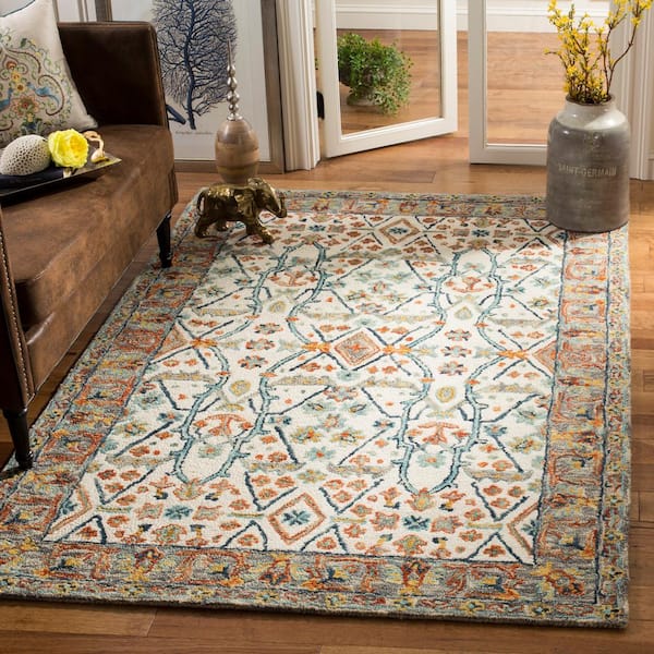 Aspen 11 ft. x 15 ft. Ivory/Blue Border Floral Speckled Area Rug