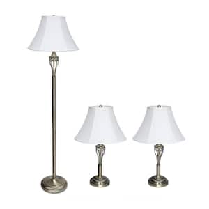 60 in. Antique Brass Roma Classic 3 Piece Metal Lamp Set (2 Table Lamps, 1 Floor Lamp) with White Shades